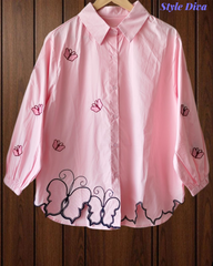 2XL-Pure Cotton Butterfly 3D Embroidery Korean Shirt | Casual Regular Fit Shirt