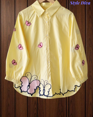 2XL-Pure Cotton Butterfly 3D Embroidery Korean Shirt | Casual Regular Fit Shirt