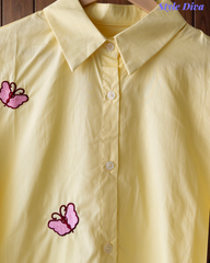 2XL-Pure Cotton Butterfly 3D Embroidery Korean Shirt | Casual Regular Fit Shirt