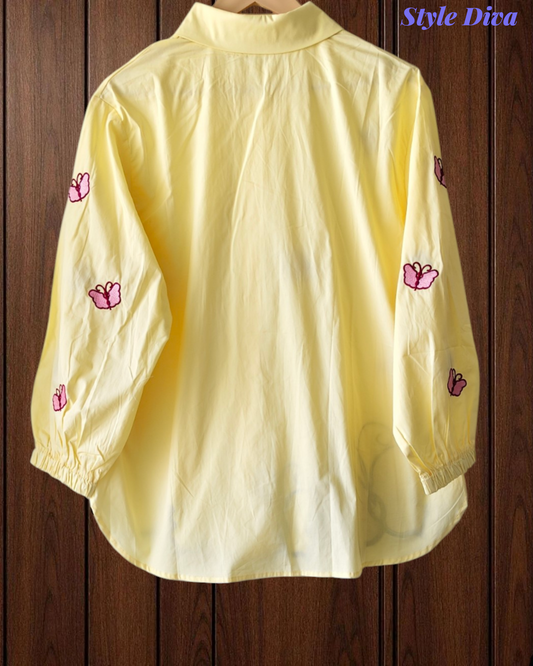 2XL-Pure Cotton Butterfly 3D Embroidery Korean Shirt | Casual Regular Fit Shirt