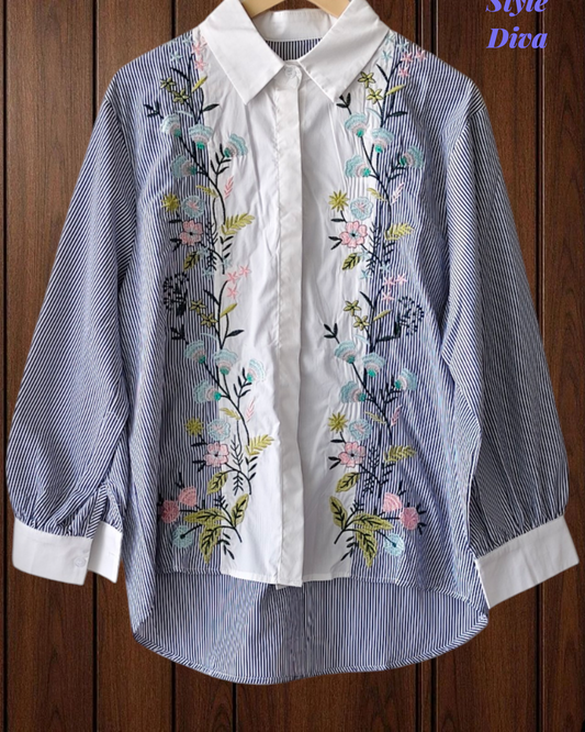 2XL-Casual Striped Floral 3D Embroidery Korean Shirt – Pure Cotton Regular Fit Top