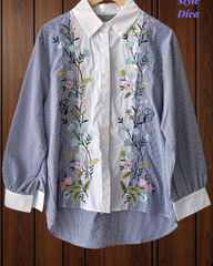 2XL-Casual Striped Floral 3D Embroidery Korean Shirt – Pure Cotton Regular Fit Top
