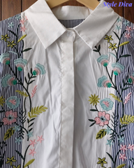 2XL-Casual Striped Floral 3D Embroidery Korean Shirt – Pure Cotton Regular Fit Top