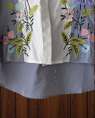 2XL-Casual Striped Floral 3D Embroidery Korean Shirt – Pure Cotton Regular Fit Top