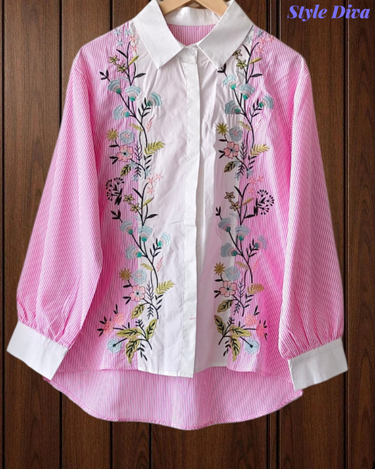 2XL-Casual Striped Floral 3D Embroidery Korean Shirt – Pure Cotton Regular Fit Top