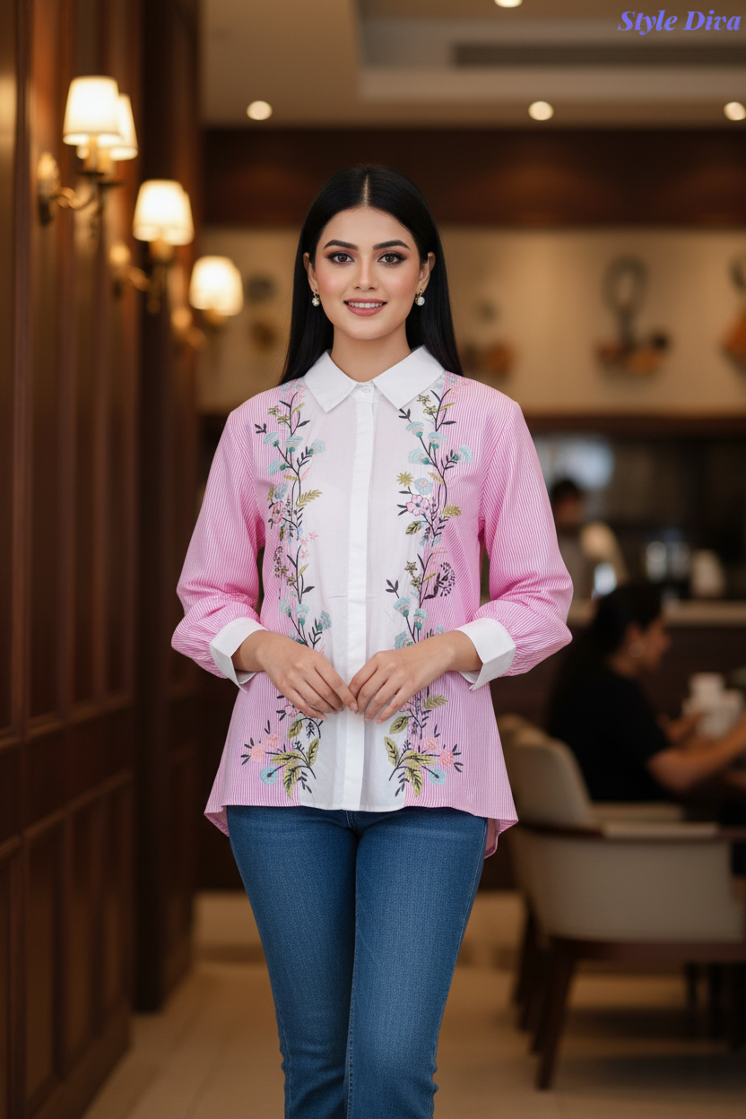 2XL-Casual Striped Floral 3D Embroidery Korean Shirt – Pure Cotton Regular Fit Top