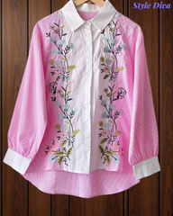 2XL-Casual Striped Floral 3D Embroidery Korean Shirt – Pure Cotton Regular Fit Top