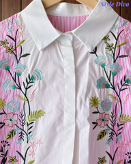 2XL-Casual Striped Floral 3D Embroidery Korean Shirt – Pure Cotton Regular Fit Top