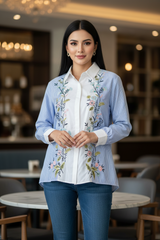 2XL-Casual Striped Floral 3D Embroidery Korean Shirt – Pure Cotton Regular Fit Top