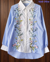 2XL-Casual Striped Floral 3D Embroidery Korean Shirt – Pure Cotton Regular Fit Top