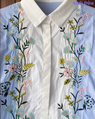 2XL-Casual Striped Floral 3D Embroidery Korean Shirt – Pure Cotton Regular Fit Top