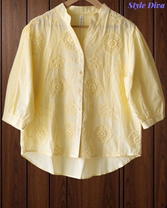 XL-Pure Cotton 3D Crochet Work Korean Shirt | Casual Regular Fit Shirt