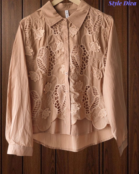 Women’s Pure Cotton 3D Crochet Lacing Korean Shirt | Casual Regular Fit Shirt
