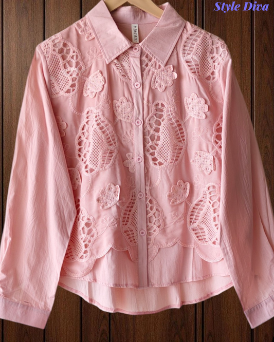 Women’s Pure Cotton 3D Crochet Lacing Korean Shirt | Casual Regular Fit Shirt