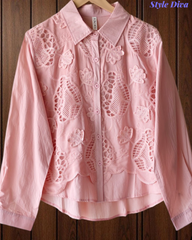 Women’s Pure Cotton 3D Crochet Lacing Korean Shirt | Casual Regular Fit Shirt