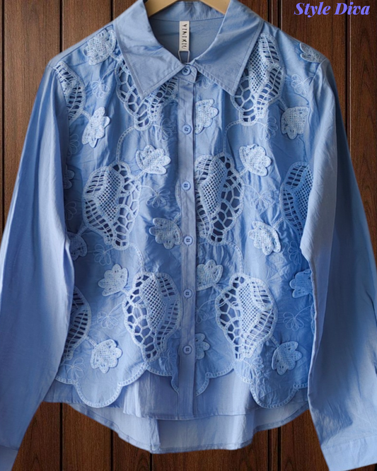 Women’s Pure Cotton 3D Crochet Lacing Korean Shirt | Casual Regular Fit Shirt