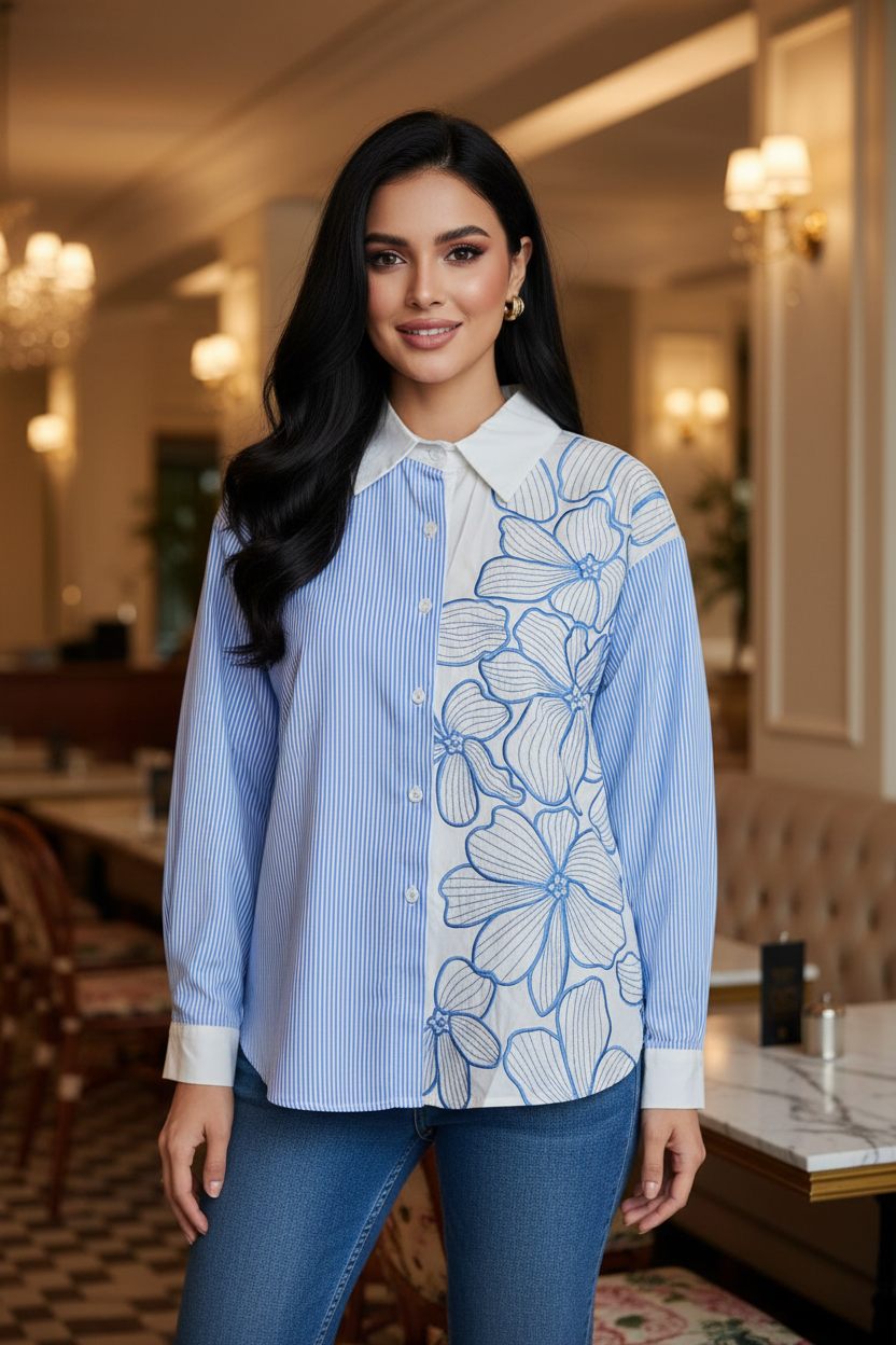 Pure Cotton Floral Embroidered Korean Shirt | Regular Fit Casual Top
