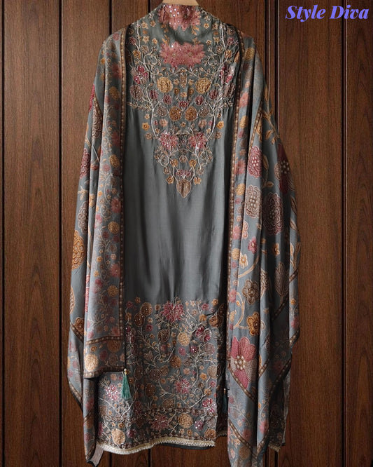 Muslin Digital Printed Semi-Stitched Suit with Zari & Sequin Highlighting Dupatta