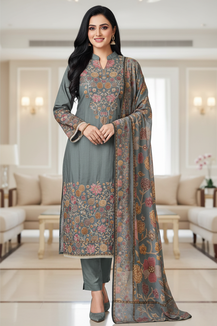Muslin Digital Printed Semi-Stitched Suit with Zari & Sequin Highlighting Dupatta