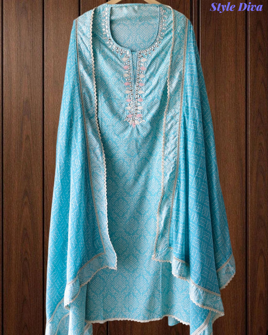 Malai Cotton Printed Unstitched Suit with Mirror Work and Crochet Lacing Dupatta