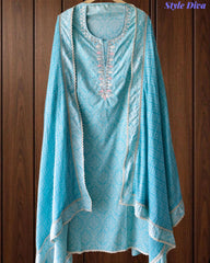 Malai Cotton Printed Unstitched Suit with Mirror Work and Crochet Lacing Dupatta
