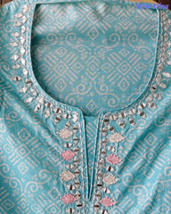 Malai Cotton Printed Unstitched Suit with Mirror Work and Crochet Lacing Dupatta