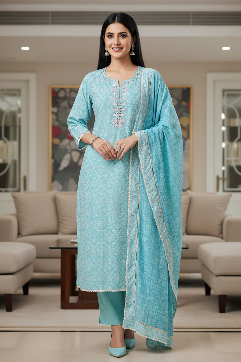 Malai Cotton Printed Unstitched Suit with Mirror Work and Crochet Lacing Dupatta