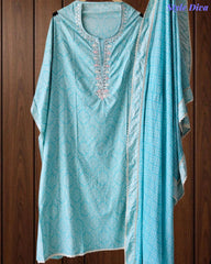 Malai Cotton Printed Unstitched Suit with Mirror Work and Crochet Lacing Dupatta