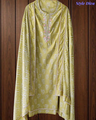 Malai Cotton Printed Unstitched Suit with Mirror Work and Crochet Lacing Dupatta