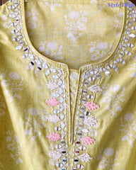 Malai Cotton Printed Unstitched Suit with Mirror Work and Crochet Lacing Dupatta