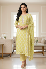 Malai Cotton Printed Unstitched Suit with Mirror Work and Crochet Lacing Dupatta