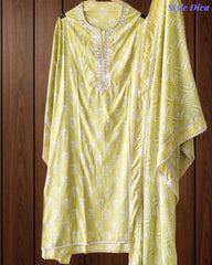 Malai Cotton Printed Unstitched Suit with Mirror Work and Crochet Lacing Dupatta