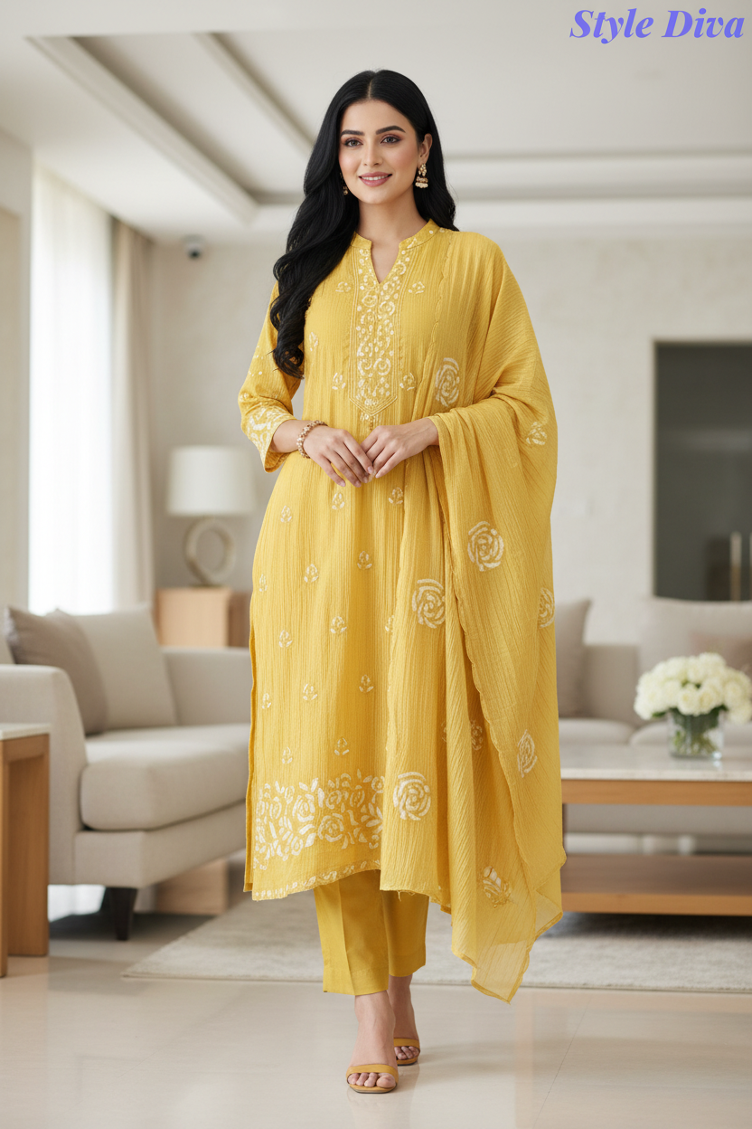Crush Mul Cotton Embroidered Unstitched Suit with Sequin Highlighted Dupatta