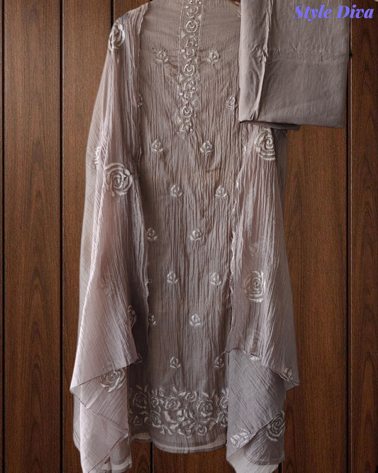 Crush Mul Cotton Embroidered Unstitched Suit with Sequin Highlighted Dupatta