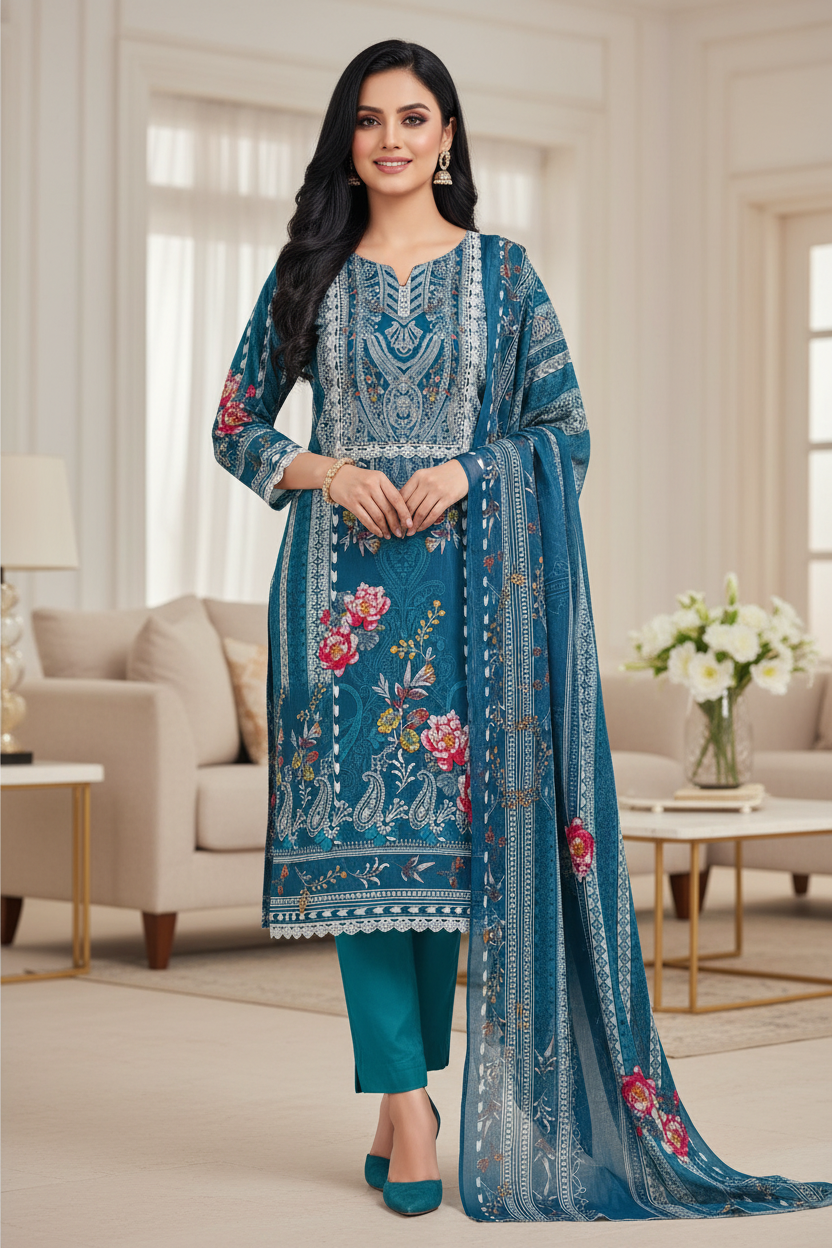 Jaam Cotton Printed Unstitched Suit with Mul Cotton Digital Print Dupatta