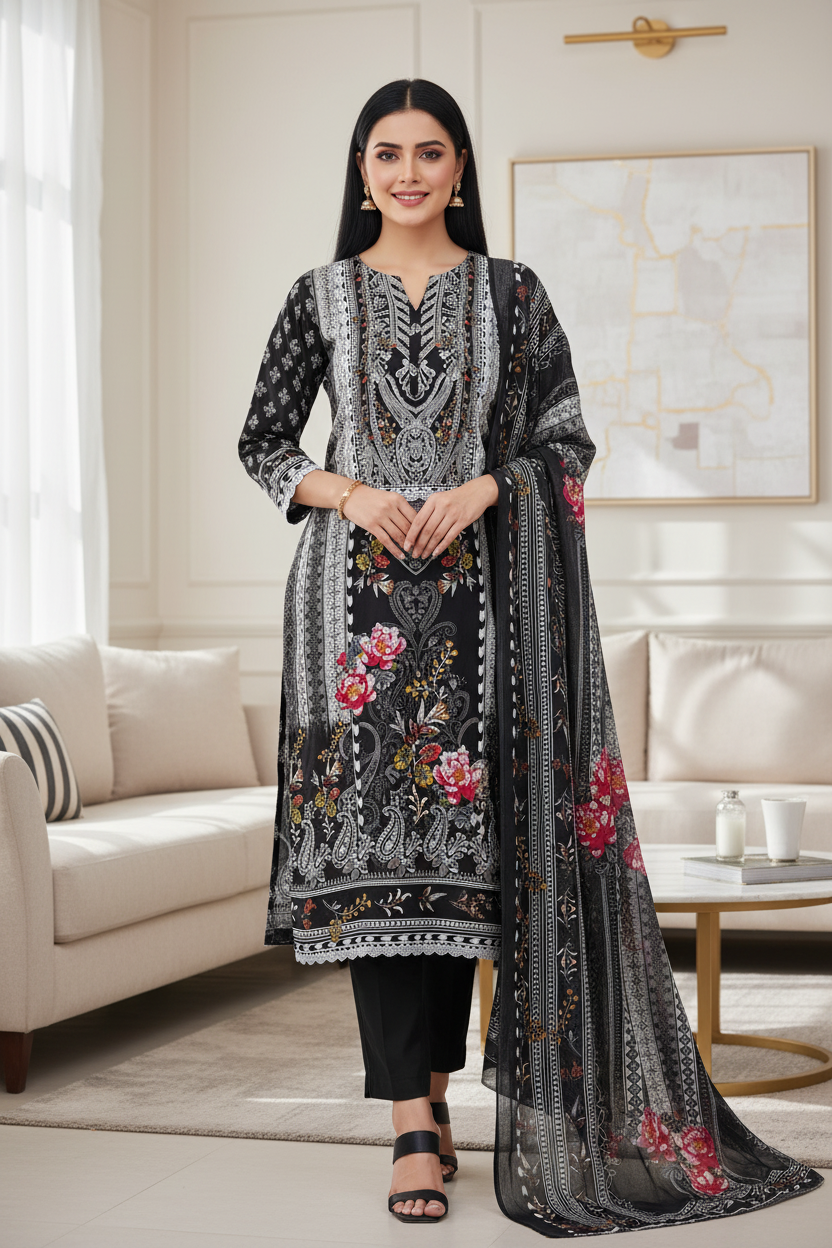 Jaam Cotton Printed Unstitched Suit with Mul Cotton Digital Print Dupatta