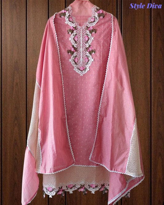 Jamdani Cotton Self Design Unstitched Suit with Crochet Lacing and 3D Floral Work Dupatta