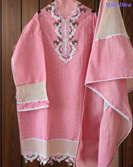 Jamdani Cotton Self Design Unstitched Suit with Crochet Lacing and 3D Floral Work Dupatta