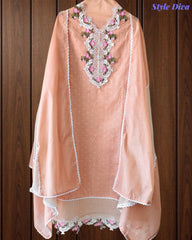 Jamdani Cotton Self Design Unstitched Suit with Crochet Lacing and 3D Floral Work Dupatta