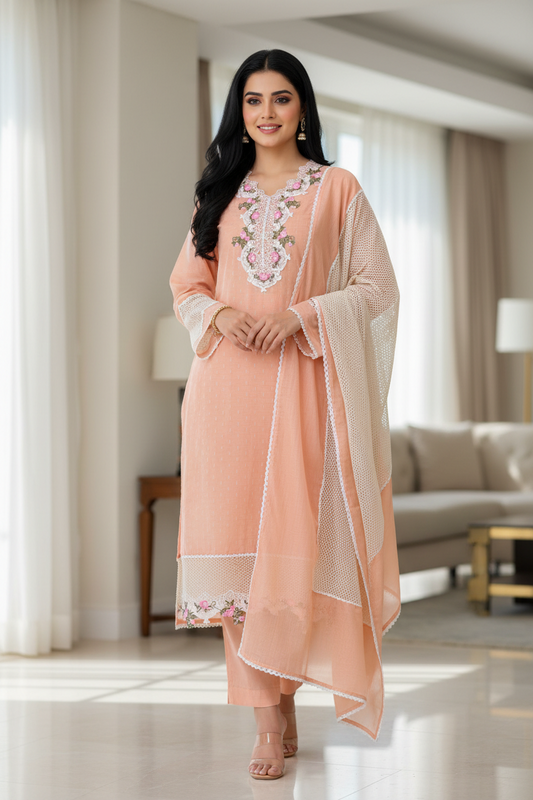 Jamdani Cotton Self Design Unstitched Suit with Crochet Lacing and 3D Floral Work Dupatta