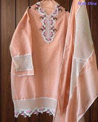 Jamdani Cotton Self Design Unstitched Suit with Crochet Lacing and 3D Floral Work Dupatta