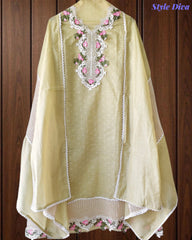 Jamdani Cotton Self Design Unstitched Suit with Crochet Lacing and 3D Floral Work Dupatta