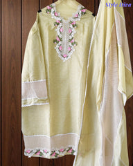 Jamdani Cotton Self Design Unstitched Suit with Crochet Lacing and 3D Floral Work Dupatta