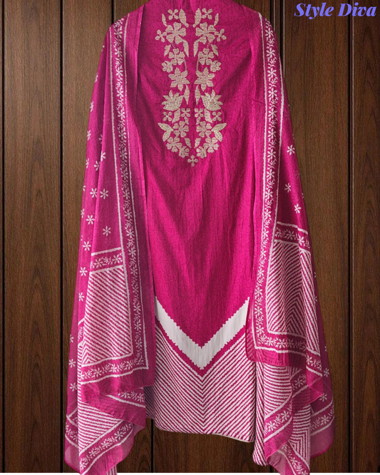 Cotton Digital Print Zari Embroidery Unstitched Suit with Mul Cotton Dupatta
