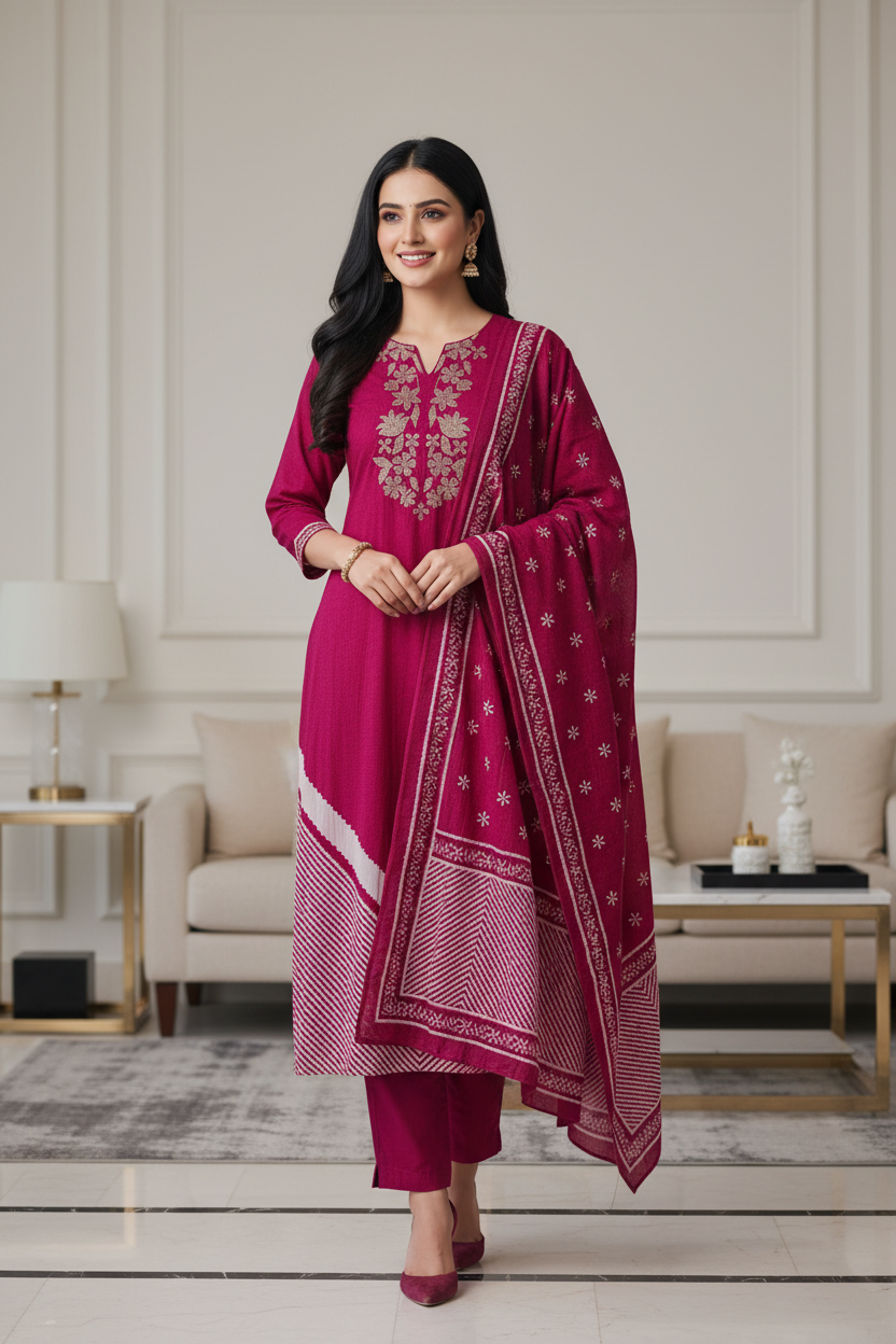Cotton Digital Print Zari Embroidery Unstitched Suit with Mul Cotton Dupatta