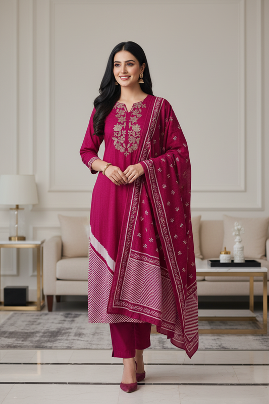 Cotton Digital Print Zari Embroidery Unstitched Suit with Mul Cotton Dupatta