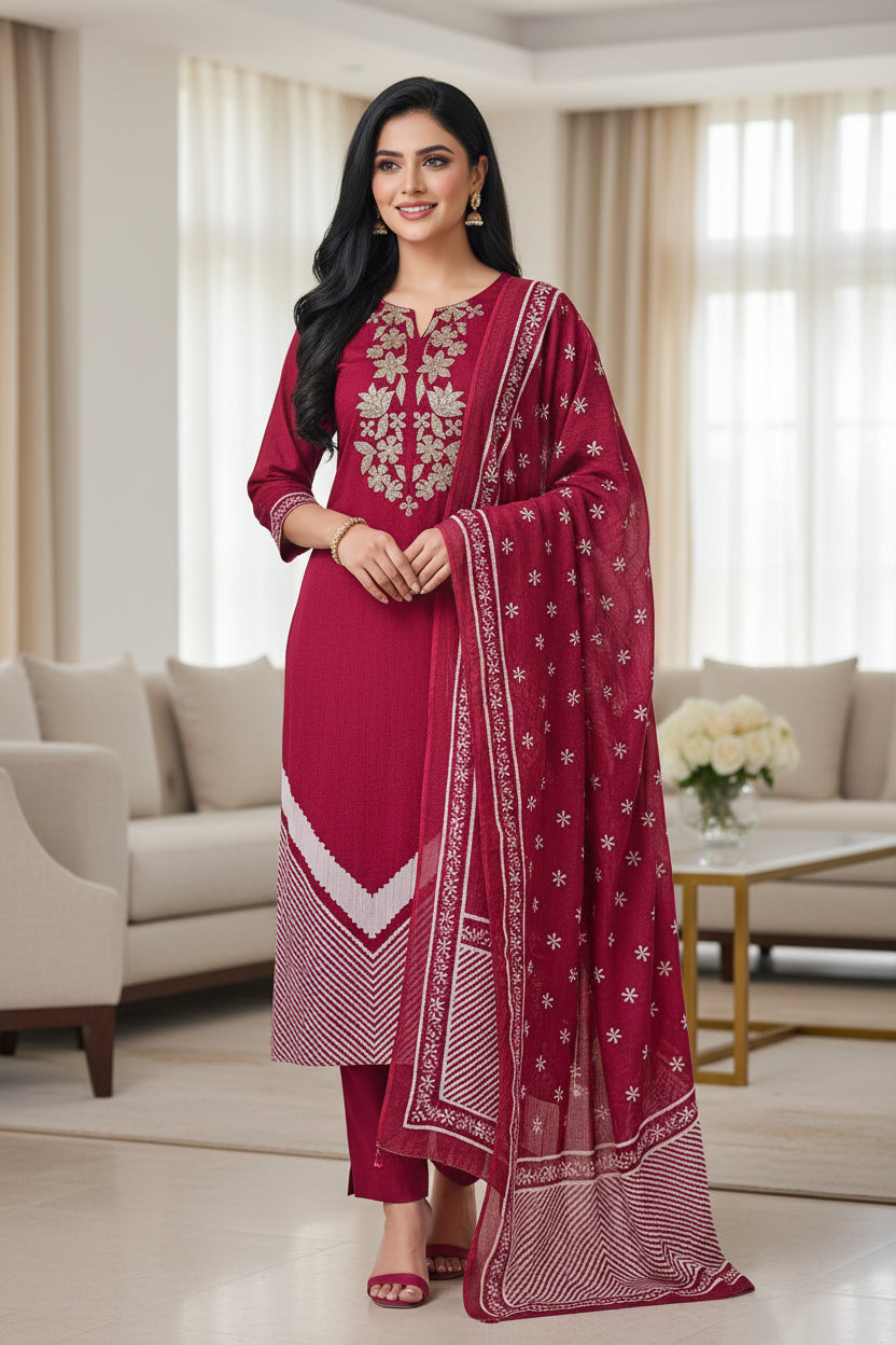 (MAROON)-Cotton Digital Print Zari Embroidery Unstitched Suit with Mul Cotton Dupatta