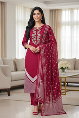 (MAROON)-Cotton Digital Print Zari Embroidery Unstitched Suit with Mul Cotton Dupatta