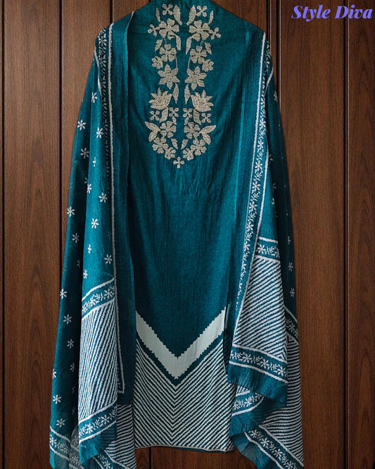 Cotton Digital Print Zari Embroidery Unstitched Suit with Mul Cotton Dupatta