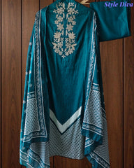 Cotton Digital Print Zari Embroidery Unstitched Suit with Mul Cotton Dupatta